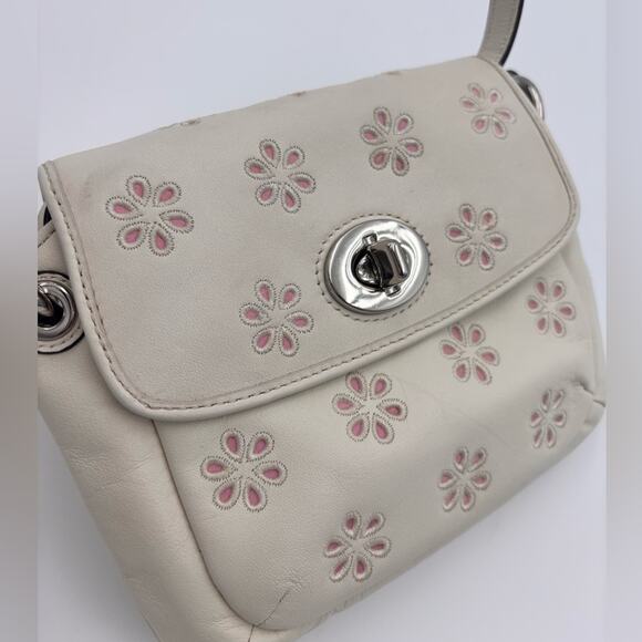 Coach Ivory Leather Mini Crossbody Bag with Pink Floral Eyelet Cutout & Turnlock - Picture 5 of 8